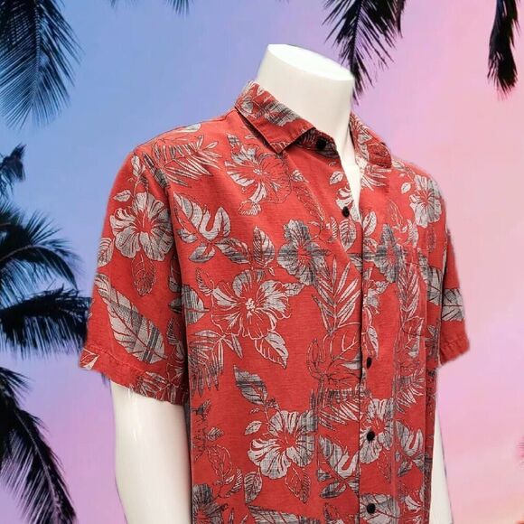 John Bartlett 100% Silk Hawaiian Shirt Berry Red / Silver Floral Men's XL - Picture 1 of 11